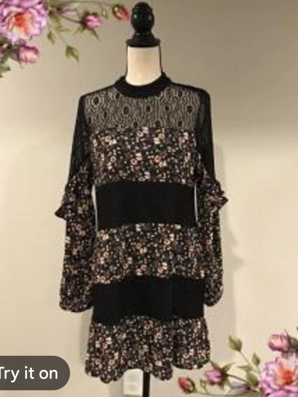 City Triangles Black Floral Lace Tiered Mini Dress